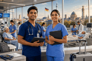 Indian healthcare professionals in a modern German hospital representing career opportunities through the Best German Education Consultancy In Kochi.