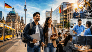 Indian students and professionals exploring study and work opportunities in Germany with modern German city background, universities, healthcare, engineering, and IT career environments.