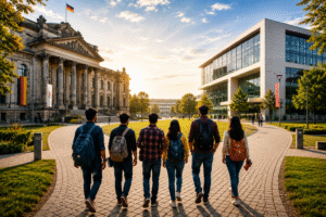 Indian students walking toward modern and traditional German university campuses with guidance from the Best German Education Consultancy In Kochi.