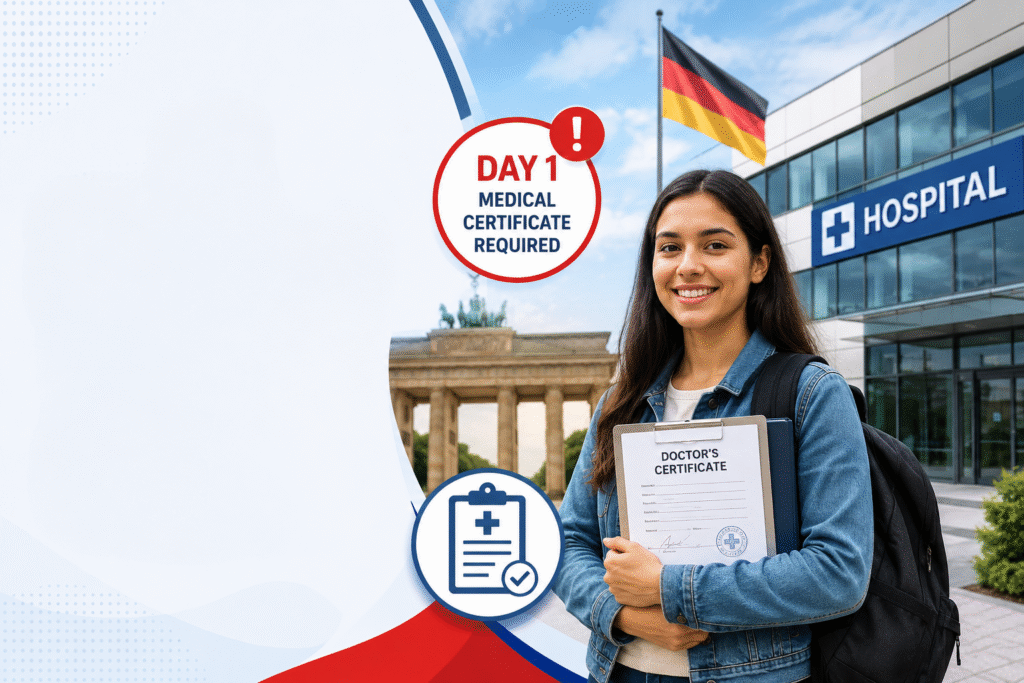 Germany's new sick leave policy requiring a doctor's certificate from day one of illness explained for international students and professionals by Safeland International, a German consultancy in Kochi.