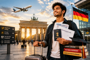 Indian student holding passport and admission letter for Germany student visa application at an international airport