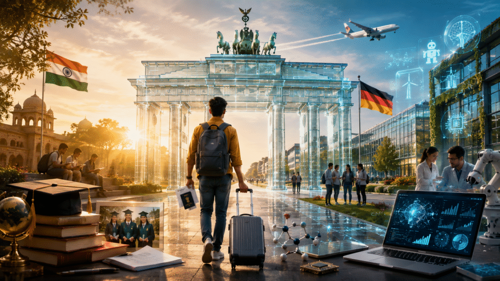 Indian student exploring new study and research opportunities in Germany with a modern university campus, innovation graphics, and international education environment